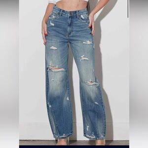 Trendy Blue Distressed Women's Flare Jeans